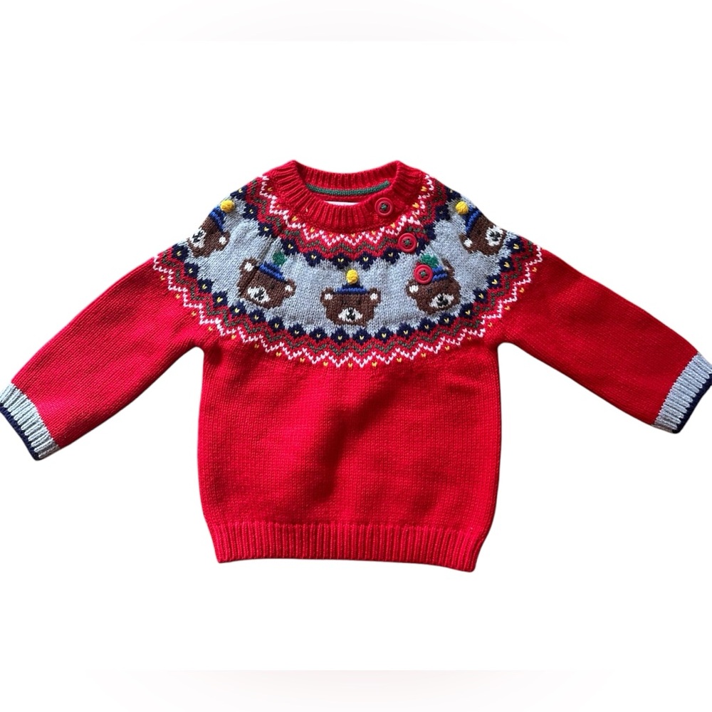 NWT. Mini Boden Rockabilly Red Bears Holiday Fair Isle Sweater, Size 3-6M
